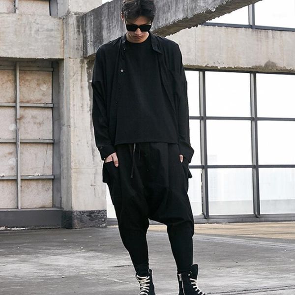

men's new harem pants hip hop loose hanging casual pants dark men's work clothes crotch down barber's1, Black