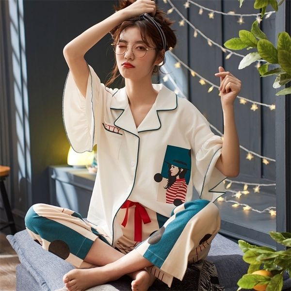 

nice 95%cutton summer women pajamas sleepwear homewear good quality cozy casual soft cute nightwear pajama sets spring y200708, Black;red