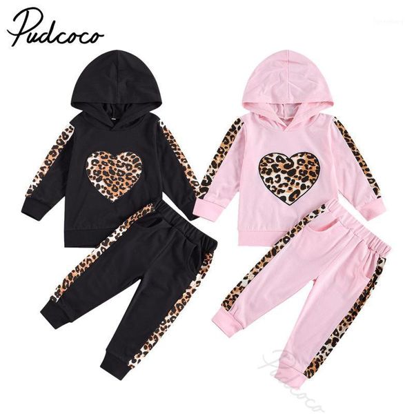 

spring autumn 2 pcs infant leopard print outfits, baby heart pattern long sleeve hoodie + trousers pockets patchwork 1-5y1, White