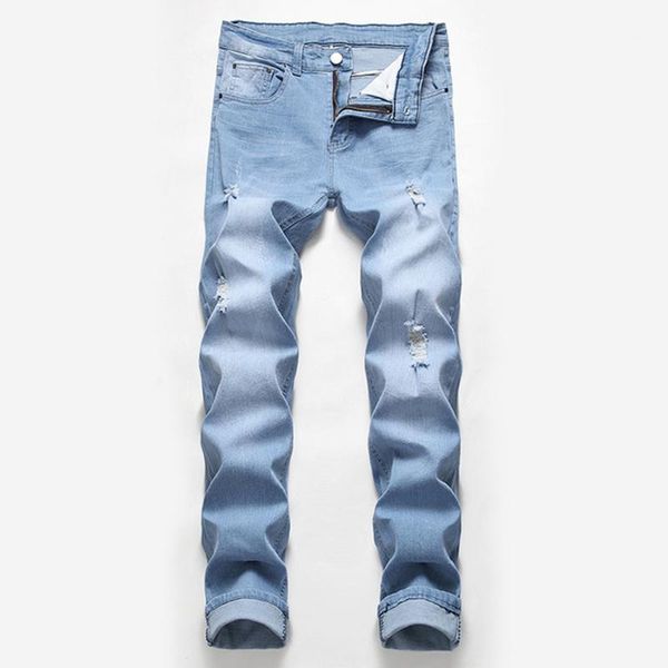 

men's jeans 2021 brand summer men's fashion casual stretch slim classic straight trousers denim light ripped1, Blue