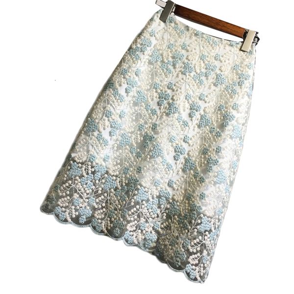 

2021 new summer elegant skirts high waist mesh lace flower embroidery girl midi lengh party skirt hip package vestidos y395 lqb6, Black;gray