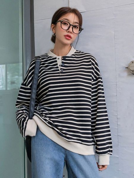 

dazy striped print quarter button drop shoulder sweatshirt q6nj#, White;black