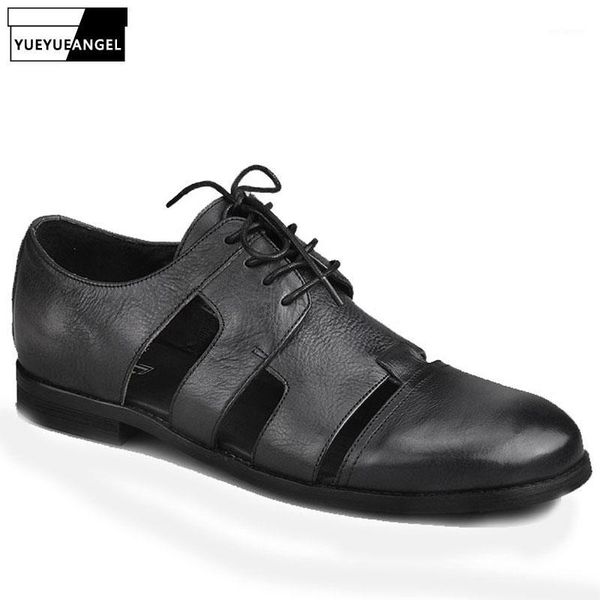 

retro rome summer business man casual lace up sandals hollow out breathable genuine leather gladiator block low heels men shoes1, Black