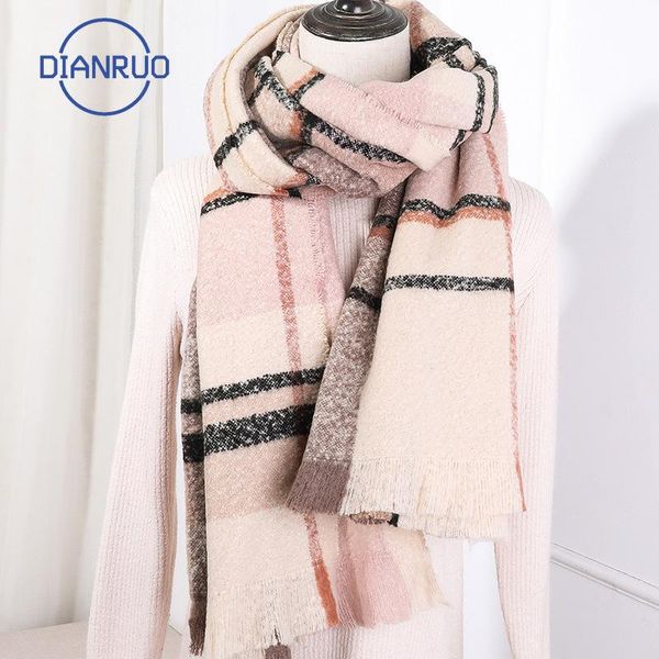 

dianruo women winter cashmere red scarf with plaid stripe scarf warm shawls and wraps hijab stole long scarfs n347, Blue;gray