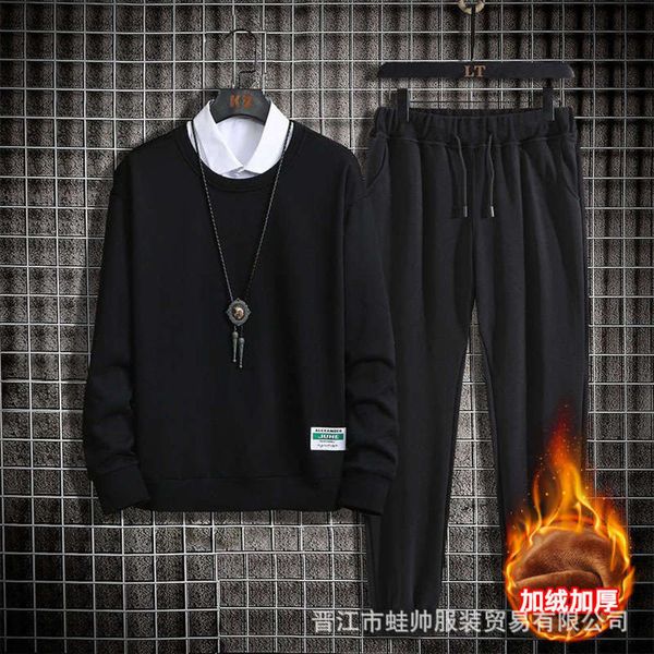 

crew autumn and winter sports plush neck sweater 2-piece korean capris youth thickening suit for men, Gray