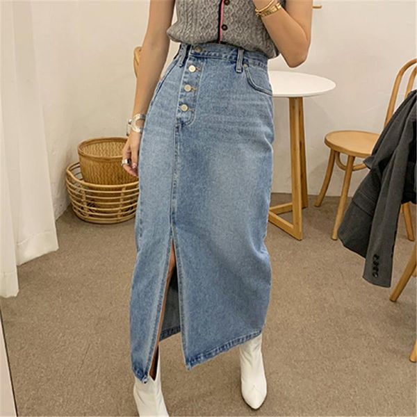 

2021 new women denim skirt high waist side four buttons side spilt straight skirt korean chic fashion streetwear hot, Black