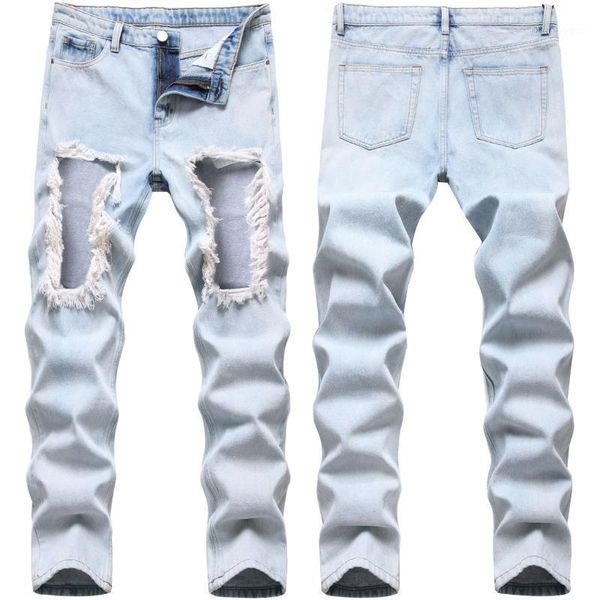 

men's jeans big hole european american fashion men light blue straight full length slim punk style denim trousers1