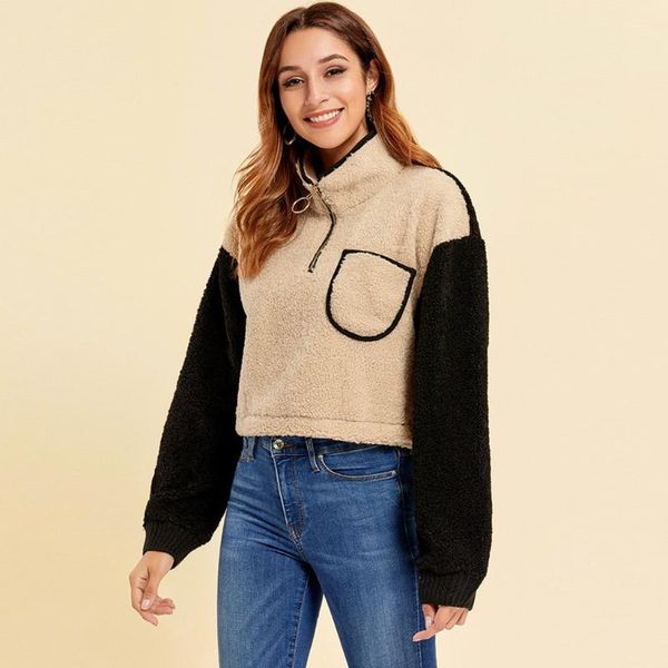 

women zip-up jackets stand collar leisure color block patchwork simple pockets outerwear 2020 female autumn winter warm jackets, Black;brown