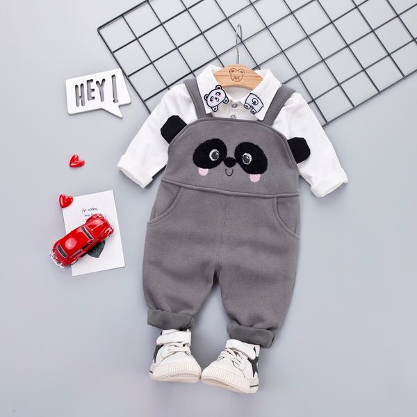 

cute bear clothes for baby boys set white turn collar t-shirt + grey/blue overalls suit cartoon costume infant children clothing c1016