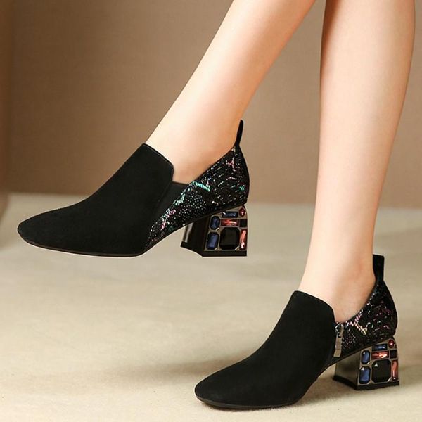 

dress shoes brand women wedding party rhinestones pumps spring summer square heeled retro genuine leather woman, Black