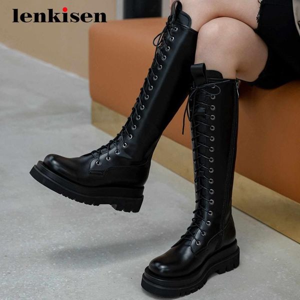 

lenkisen equestrian boots natural leather coolest cross-tied round toe thick med heel zip neutral punk noble knee high boots l55, Black