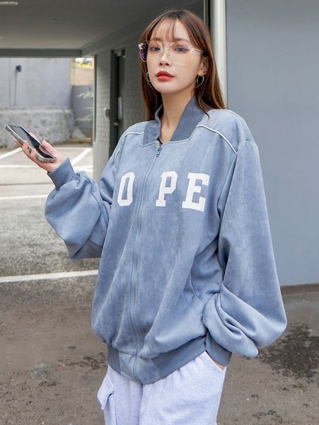 

dazy letter graphic drop shoulder contrast piping zipper bomber jacket c2xm#, Black;brown