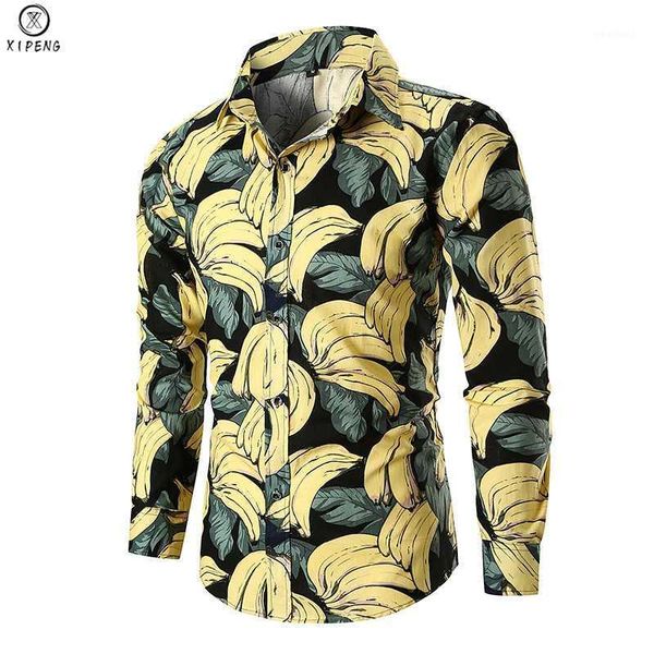 

men's casual shirts 2021 beach hawaiian shirt men banana printed long sleeve breathable camisa cotton streetwear plus size 3xl1, White;black