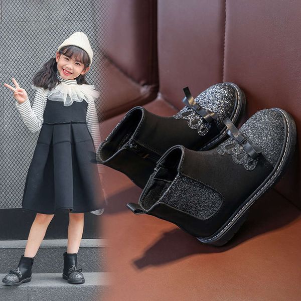 

martin children' 2020 girls' new middle school kids' english sle leather plush boots, Black;grey