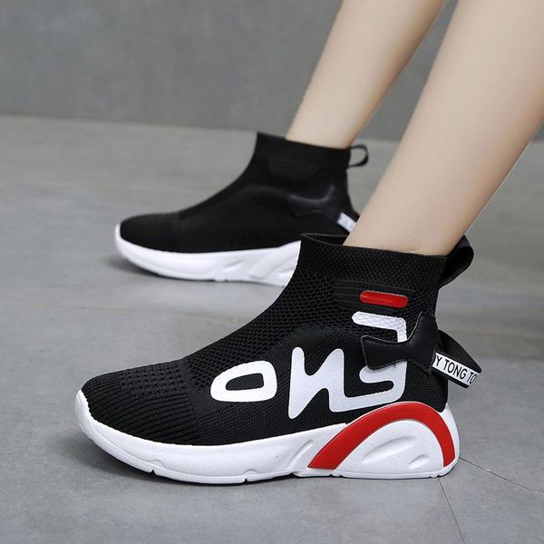 

junsrm stretch socks sneakers women's korean version net red trendy woman flying high-gang sports short boots boots woman shoes, Black