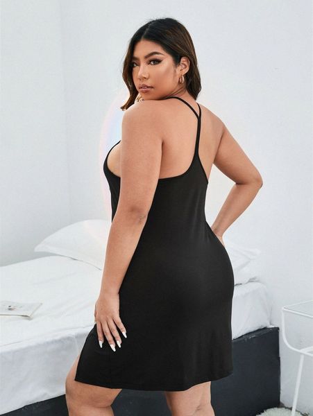 

plus racerback split hem cami nightdress i49q#, Black;white