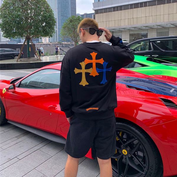

ch crosin embroidered colorful cross with sanskrit sweater net red men's and women's pullovers, Black