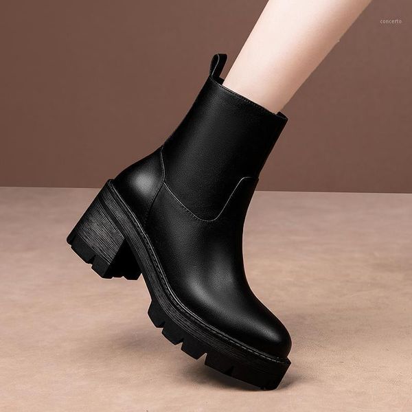 

genuine leather shoes woman thick heels boots 2021 fashion platform chunky heels boots office lady working ankle1, Black