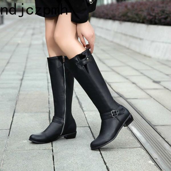 

women's boots winter new fashion round head zipper belt buckle thick heel low-heeled high tube women's shoes size 34-43 black