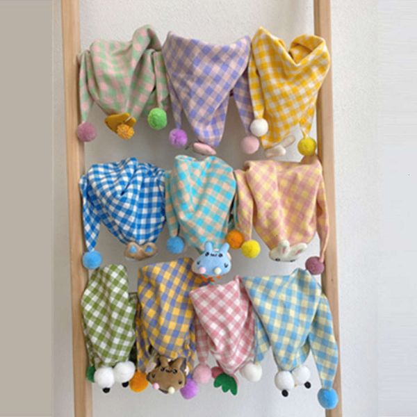 

cartoon neck children's cute cotton linen check triangle scarf spring autumn winter versatile boys and girls scarv, Red;brown