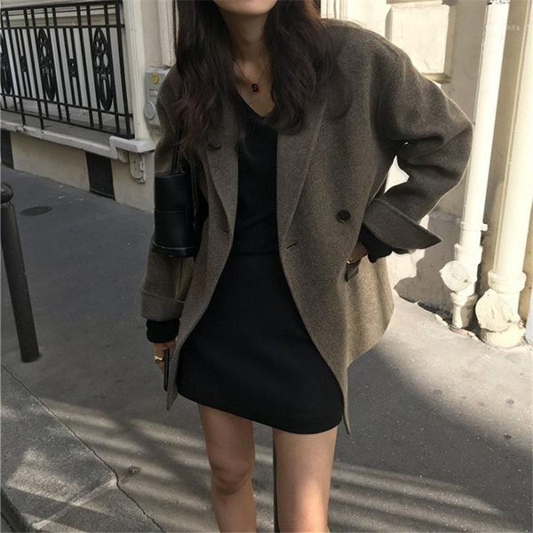 

hzirip 2020 winter retro solid plus size loose woolen cloth casual office lady chic all match high waist overcoat women coats1, Black