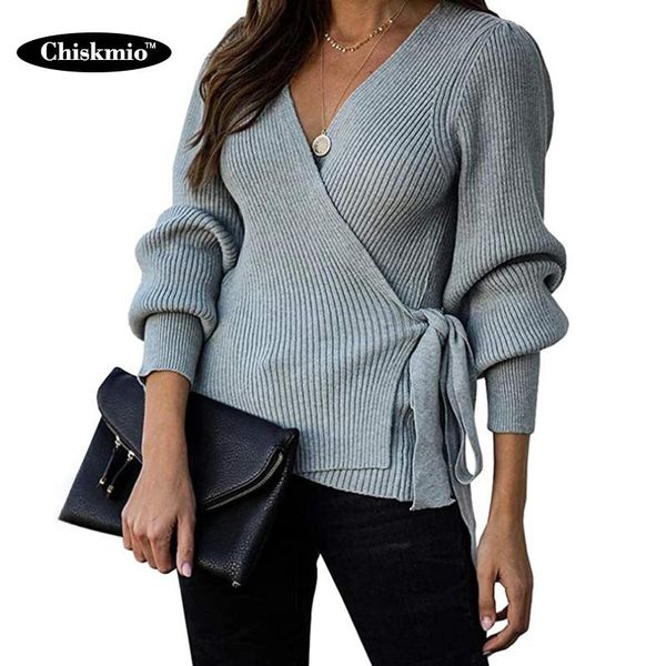 

fashion belted lace-up knitted sweater women knitwear cross v-neck breast-wrap cardigan office ladies sweater 2021 autumn, White