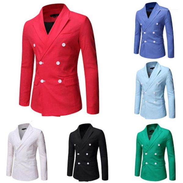 

double breasted suits coat fashion trend long sleeve lapel neck outerwear designer male new solid color slim suits man, White;black