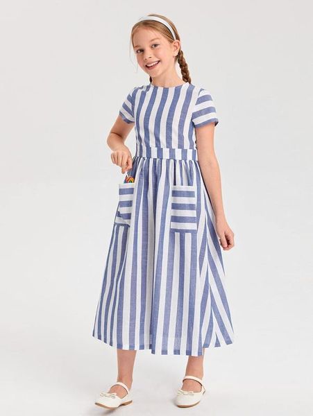 

girls striped patch pocket dress she, Red;yellow