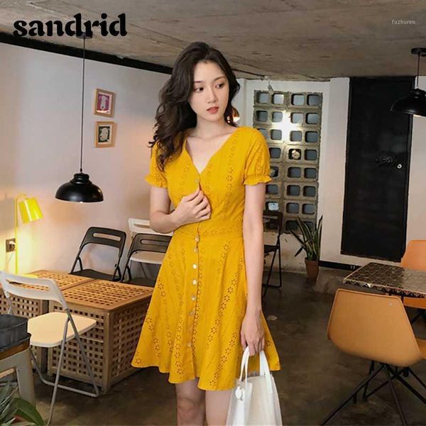 

sandrid yellow cotton embroidery dress summer women's short-sleeve casual v-neck hollow mini dress1, Black;gray