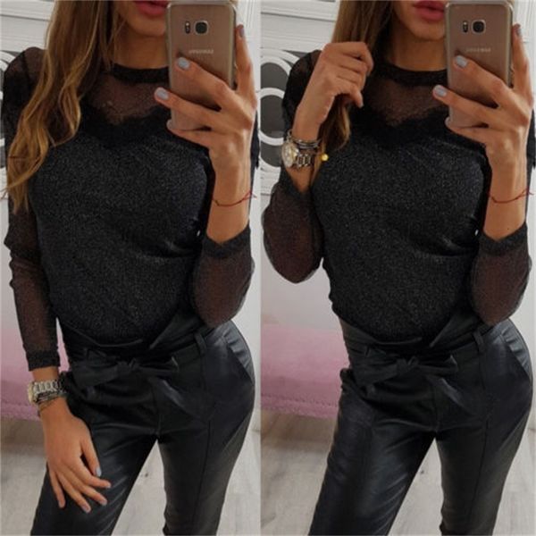 

fashion women shirt 2021 summer ladies slim mesh yarn lace long sleeve party shirt breathable, White