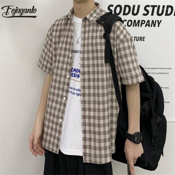 

fojaganto short sleeve shirt men summer new men's street wild shirt fashion casual plaid male1, White;black
