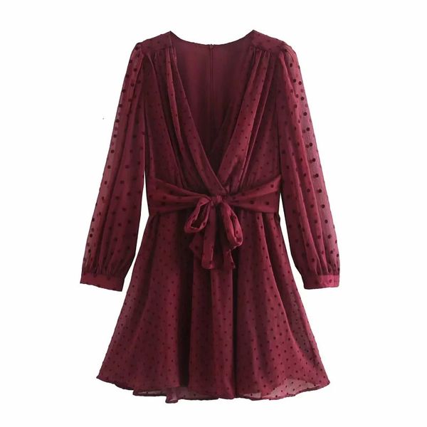 

2021 new red dotted mesh mini women vintage semi sheer long puff sleeve tulle dress woman tied belt elegant dresses 62vn, Black;gray