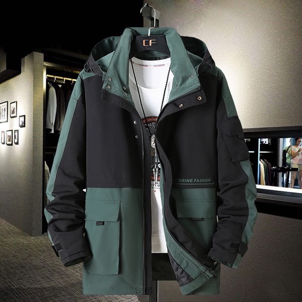 

2021 new men's hooded plus size oversized jacket retro pocket casual spring male coat colorblock 9xl 10xl jpma kfud, Black;brown