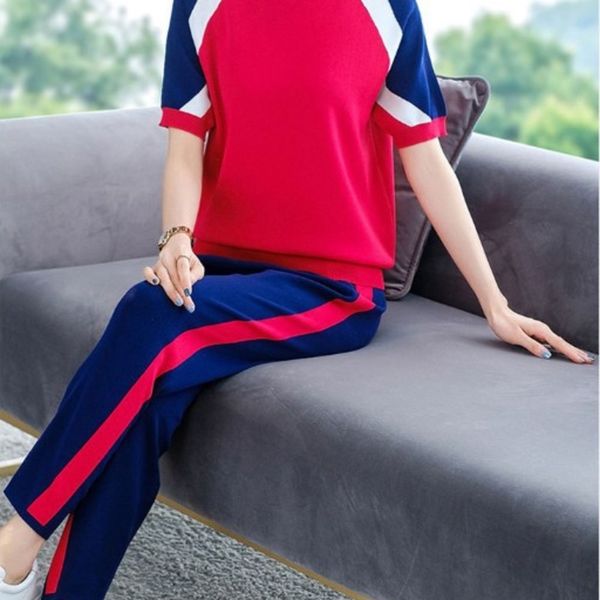 

digif short sleeve ice silk knitted sports suit women's summer casual western t-shirt t-shirt style sportswear fashion two piece set gc, Gray