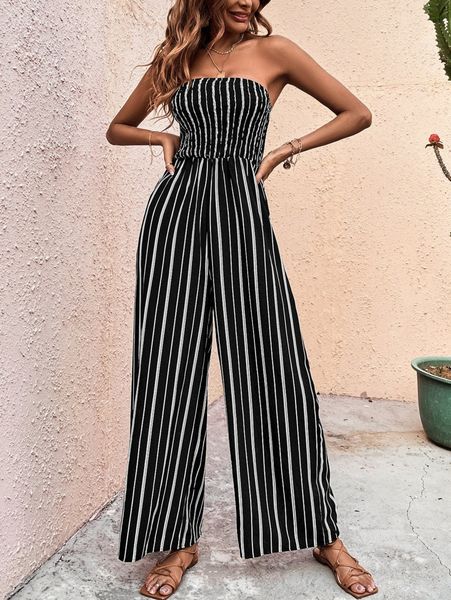 

striped print shirred wide leg tube jumpsuit w55m#, White