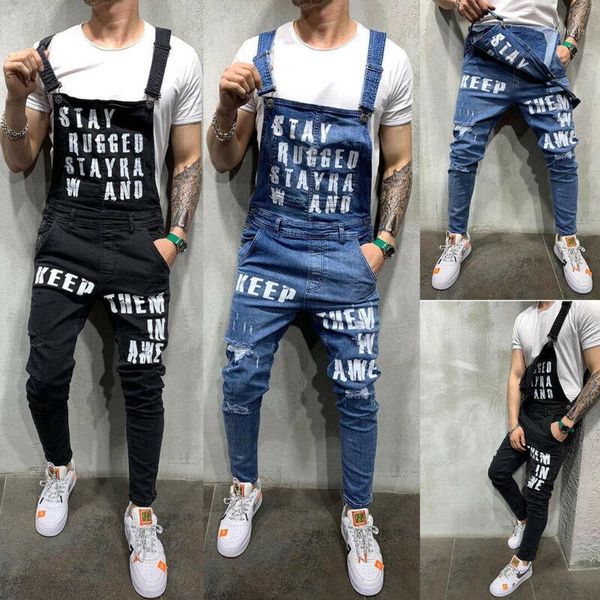 

fashion men's ripped jeans jumpsuits hi street hip hop distressed denim bib overalls for man suspender pants1, Blue