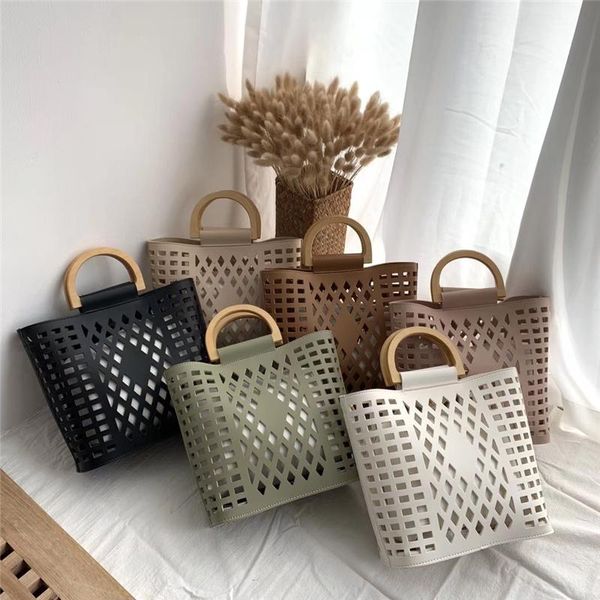

women bags handbags 2020 famous brands hollow out beach bag bolsa feminina wood handle tote bags pu leather shoulder bag purses