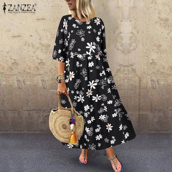 

casual 2020 bohemian women dress zanzea printed vestidos kaftan long maxi sundress high waist half sleeve robe femme plus size y0118, Black;gray