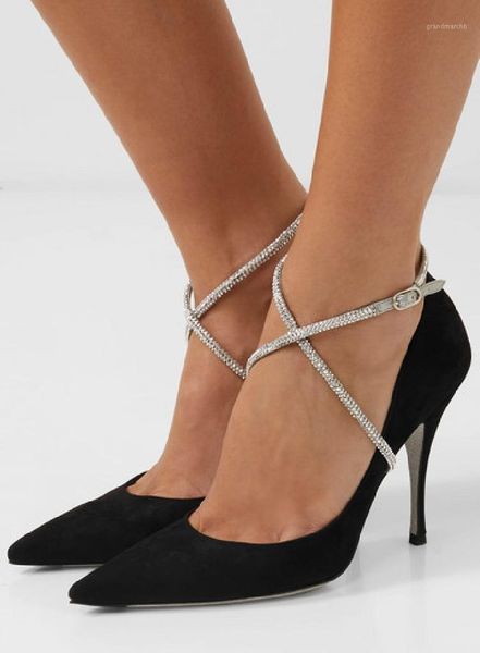 

dress shoes ashiofu handmade ladies high heel pumps cross-buckle strap party kid-suede evening fashion court shoes1, Black