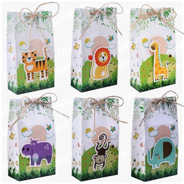 

ourwarm 12шт animals партии бумаги конфеты коробка подарка burlap десерт сумка подарки для гостей дети джунгли party favor день рождения укр