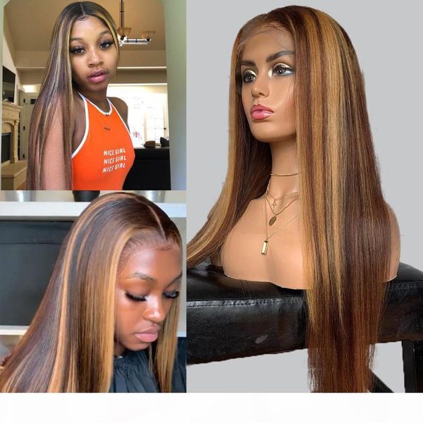 

180% straight human hair wigs honey blonde brazilian remy hair #27 ombre colored part lace front human wigs for women, Black;brown
