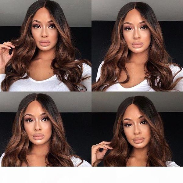 

glueless full front lace wigs burmese hair ombre color dark brown long human hair raw remy raw body wave, Black;brown
