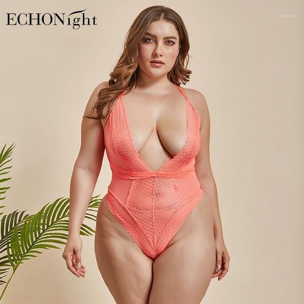 

echonight plus size bodysuit women deep-v lace tranpsarnet body 4xl overalls for women backless babydoll bodysuit1, Black;white