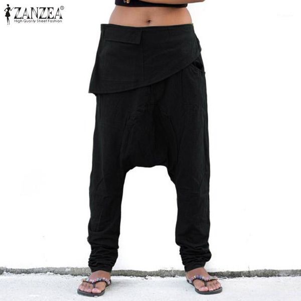 

zanzea women long harem pants 2019 fashion casual drop-crotch trousers elastic waist streetwear loose pantalones mujer plus size1, Black;white