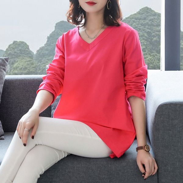 

dyfaa 2020 весны осени длинного большая сплошного цвета пенька рукав v-образный вырез футболка средней длина свободно и сверху искусство све, White