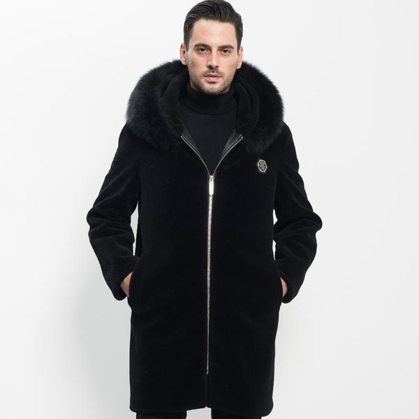 

real fur coat winter jacket men 2020 hooded sheep shearling coat plus size fur collar jackets veste homme xz17c0026 yy6631, Black