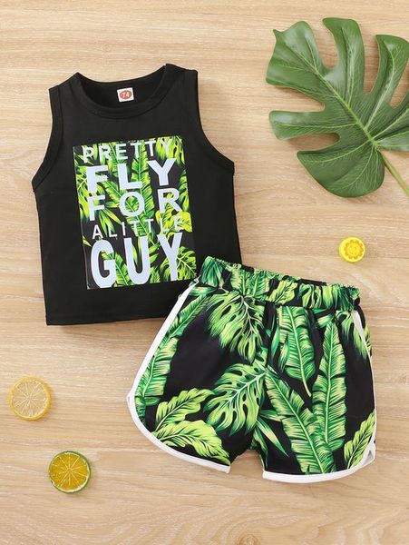 

baby slogan & tropical print tank & contrast binding shorts she, White