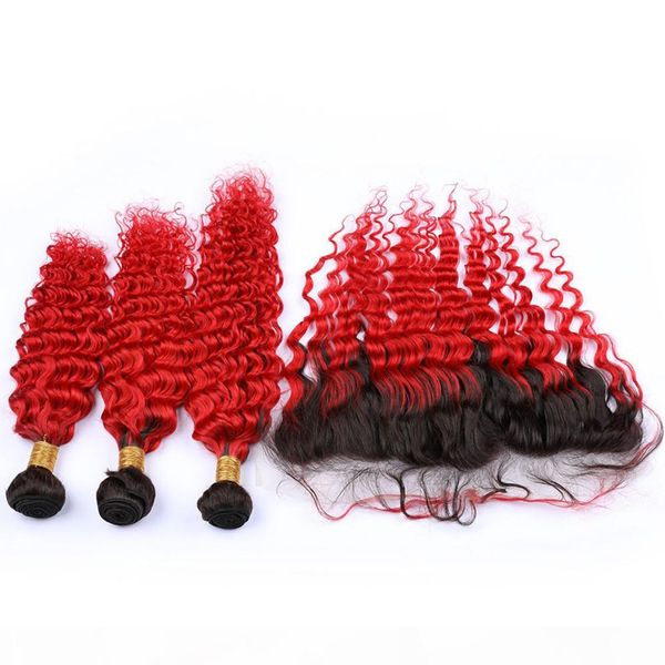 

# 1b red dark root ombre indian virgin человеческих волосы 3шт связка сделка с фронтальной ярким красным ombre переплетений с 13x4 lace фрон, Black;brown
