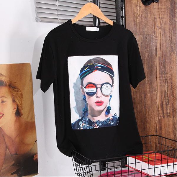 

donamol summer womens white clothes 2021 new fashion western style loose plus size t shirts black printing appliques female