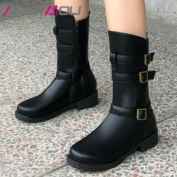 

annymoli buckle mid calf boots med heel short boots woman chunky heel shoes zip round toe female footwear winter black size 43